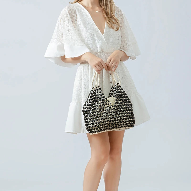 Simple Casual Handwoven Wooden Bead Handbag