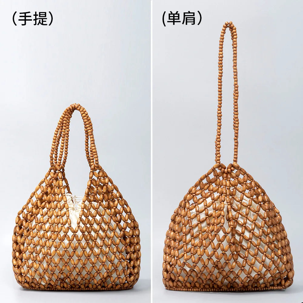 Simple Casual Handwoven Wooden Bead Handbag