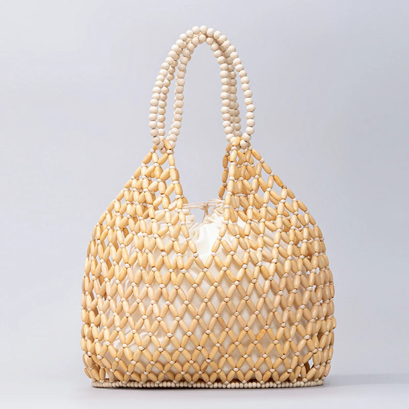 Simple Casual Handwoven Wooden Bead Handbag