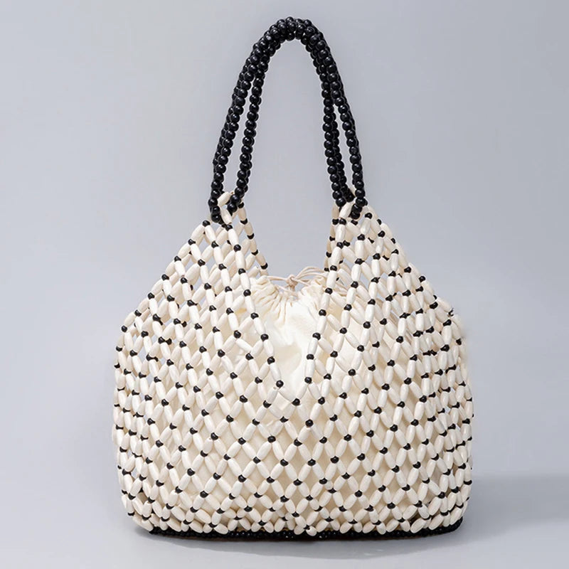 Simple Casual Handwoven Wooden Bead Handbag