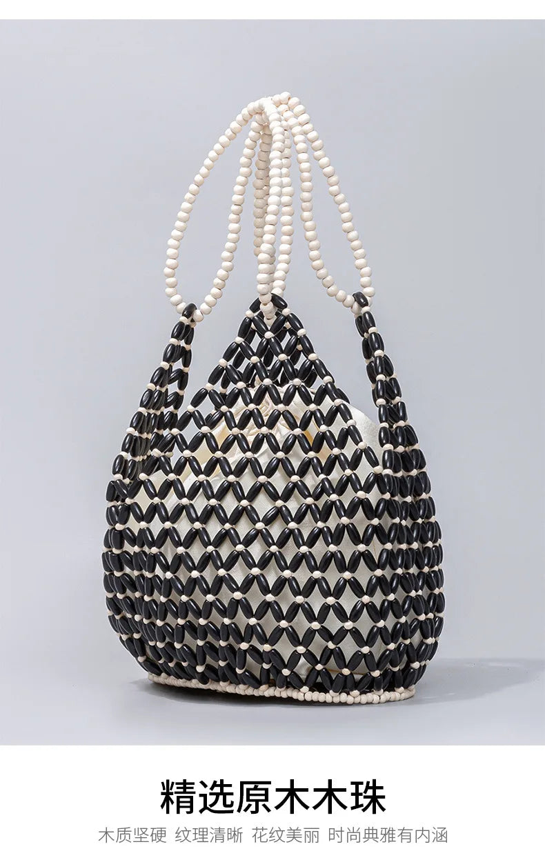 Simple Casual Handwoven Wooden Bead Handbag