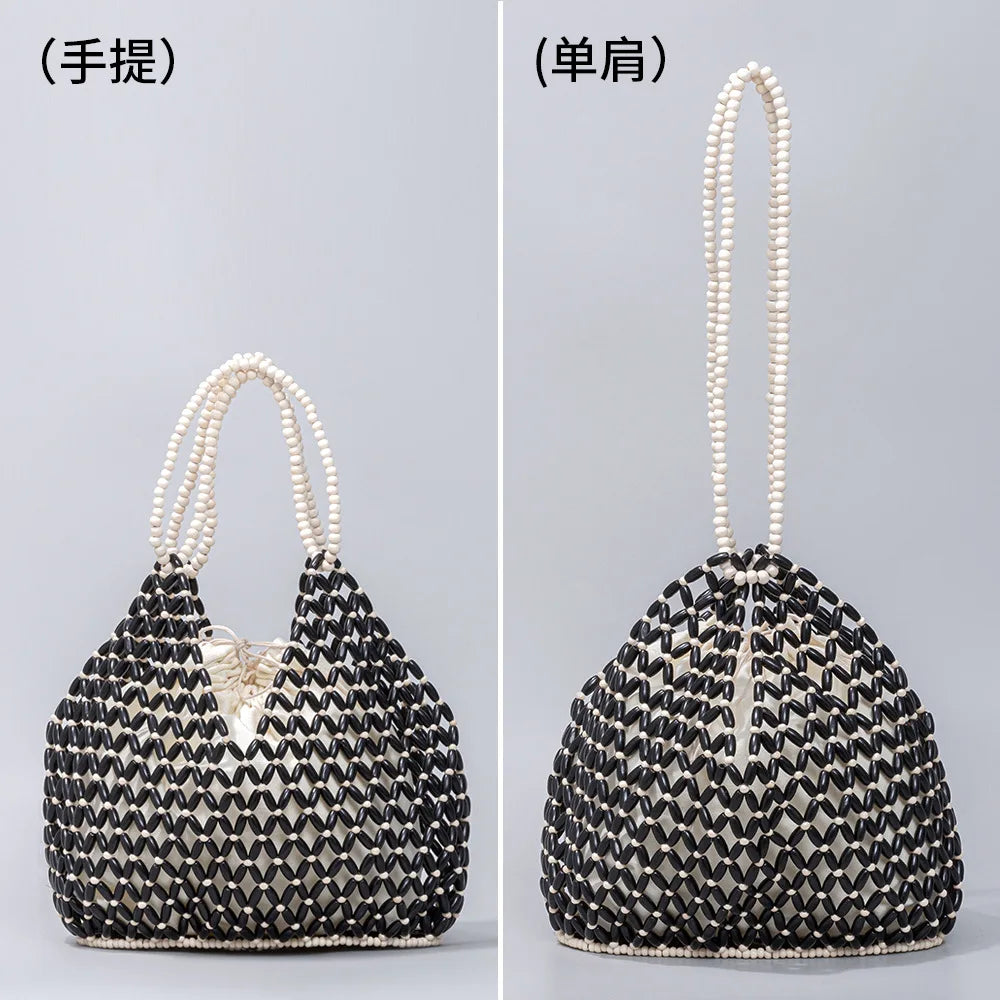 Simple Casual Handwoven Wooden Bead Handbag
