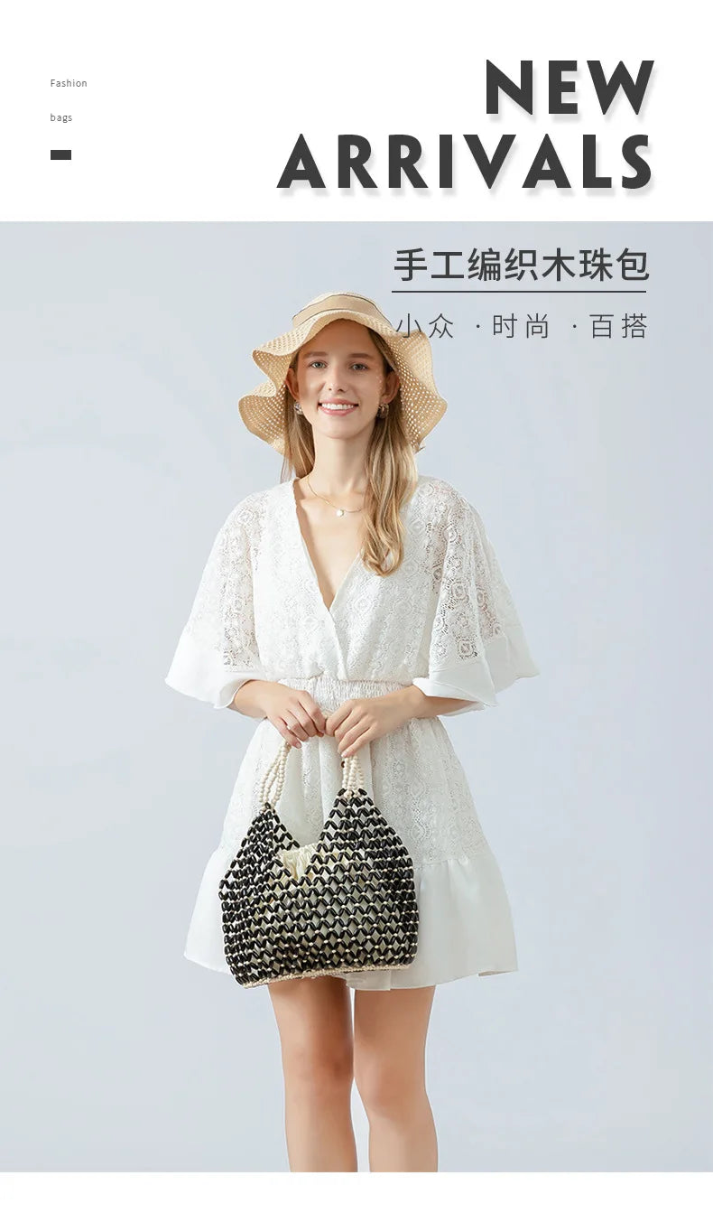 Simple Casual Handwoven Wooden Bead Handbag