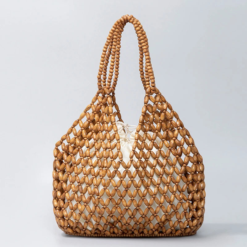 Simple Casual Handwoven Wooden Bead Handbag