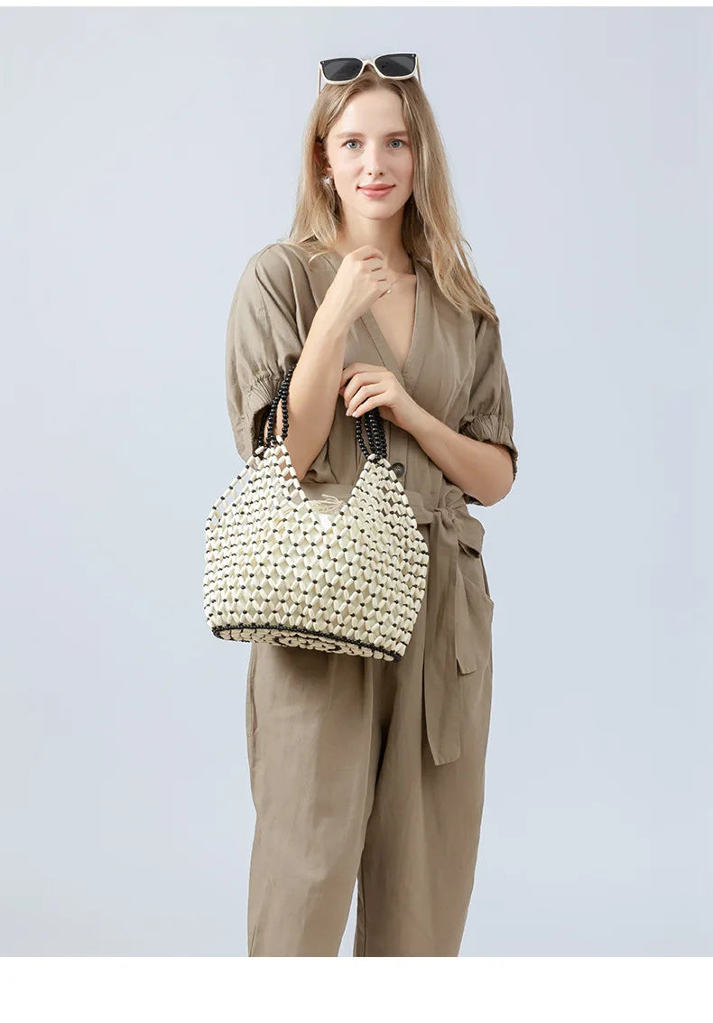Simple Casual Handwoven Wooden Bead Handbag